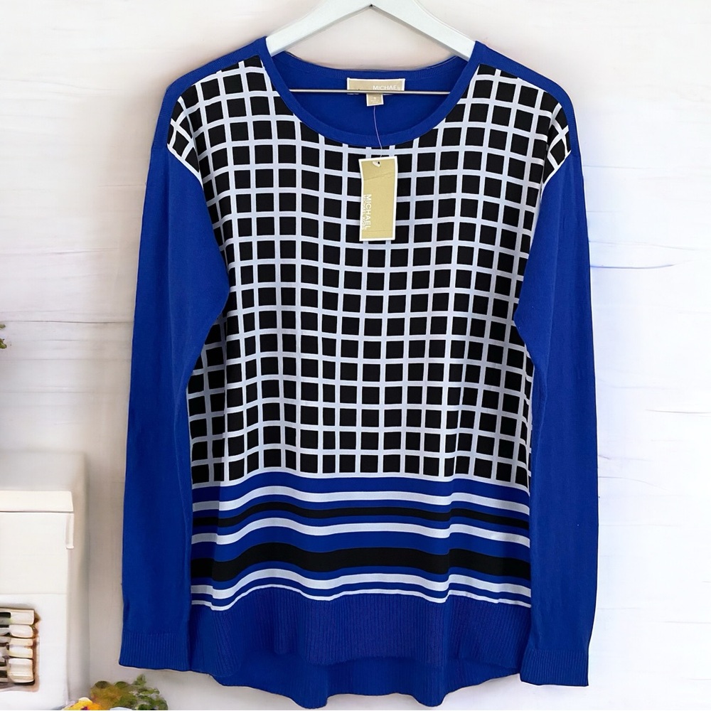 Michael Kors NWT Cobalt Blue & Black Windowpane Plaid Stripe Lightweight Sweater - Picture 1 of 9